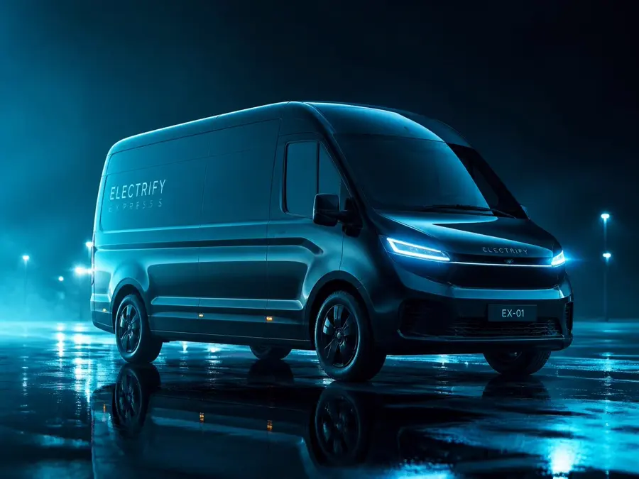 Fotorealistische Darstellung eines modernen elektrischen Lieferwagens auf nassem Asphalt bei Nacht