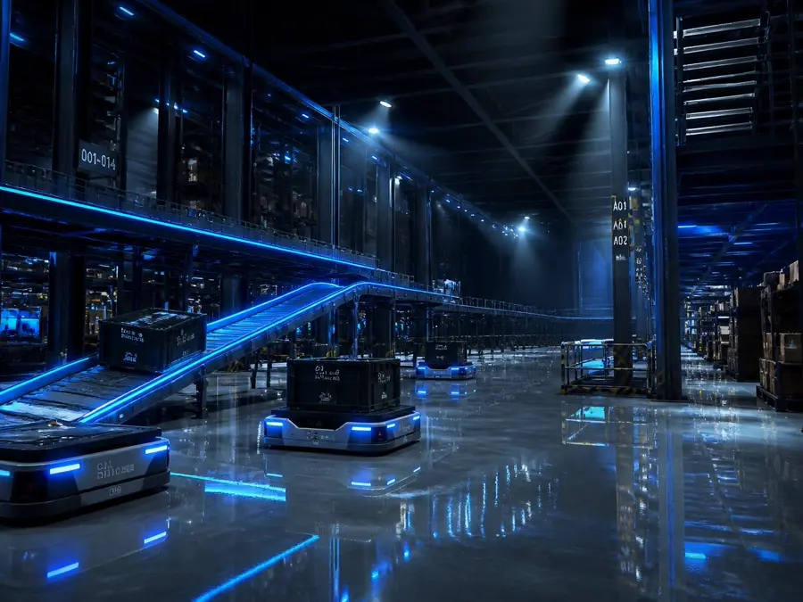 Fotorealistische Darstellung eines automatisierten Logistiklagers mit spiegelndem Boden bei Nacht